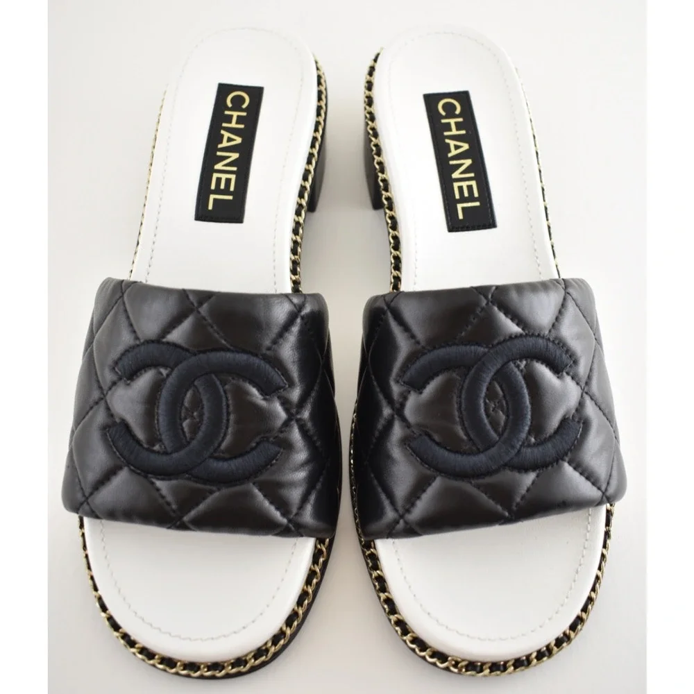 Chanel 25P Black Quilted Leather Chain CC Logo Mule Slide Sandal Block Heel 36.5